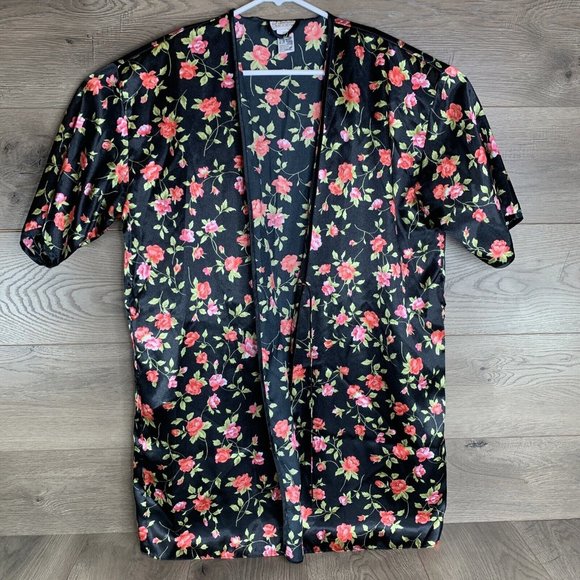 Intimate Moods Satin Night Set Womens L Slip & Cover Chemise Black Red Roses - Picture 6 of 16